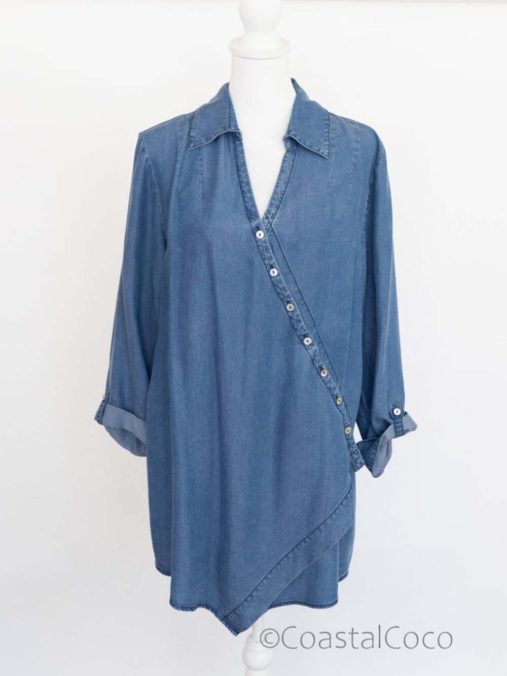 Soft Surroundings Tencel Lyocell XL Blue Asymmetrical Wrap Tunic Shirt Relaxed